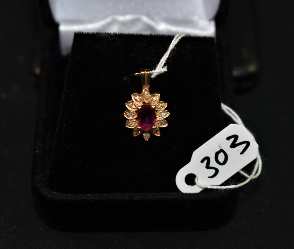 LADIES SUNBURST RUBY & DIAMOND 14K GOLD PENDANT