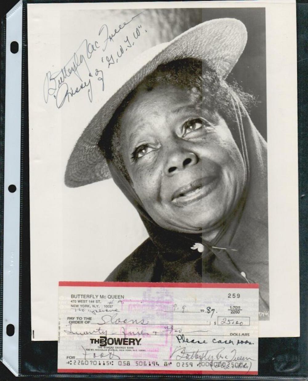 BUTTERFLY MCQUEEN SIGNED PHOTOGRAPH AND CHECK W/COA