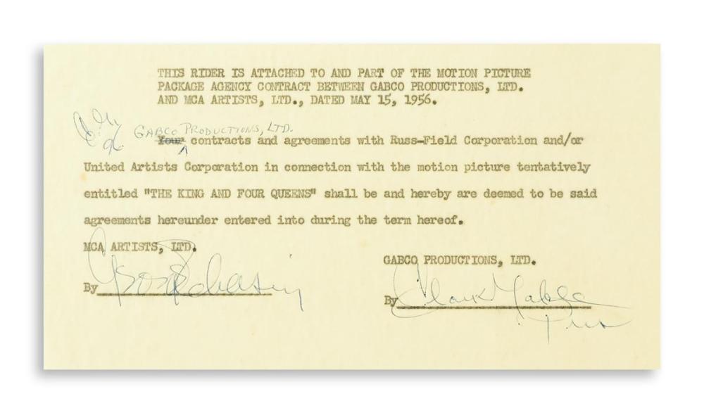 GABLE, CLARK. Typed Document Signed, "Clark Gable / Pres.,"