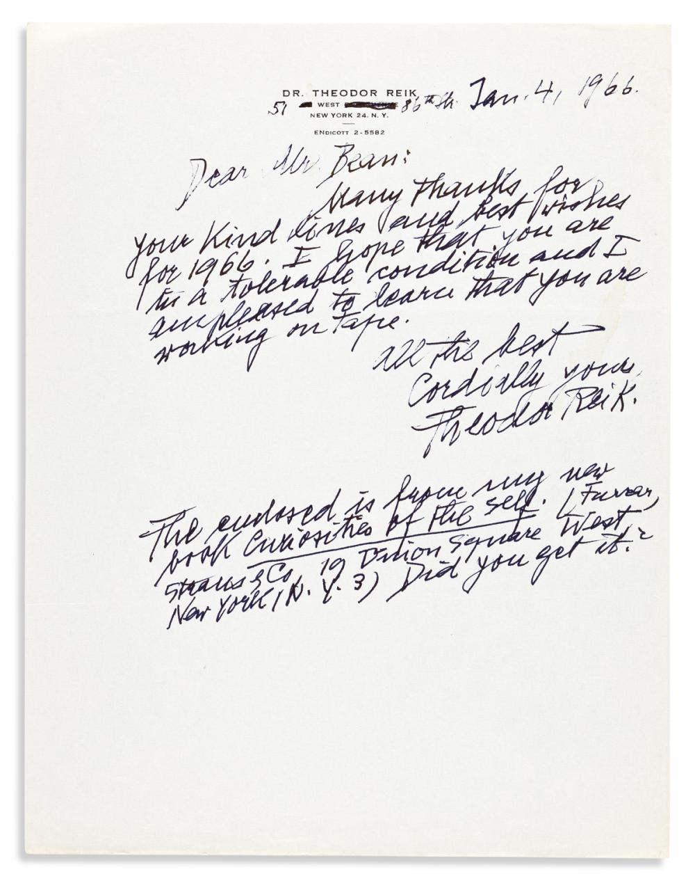 REIK, THEODOR. Autograph Letter Signed, to "Dear Mr. Bean,"