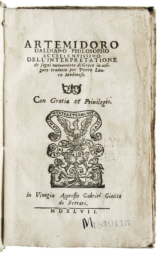 ARTEMIDORUS. Dell'Interpretatione de Sogni. 1547