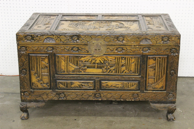 Chinese carved camphor wood trunk