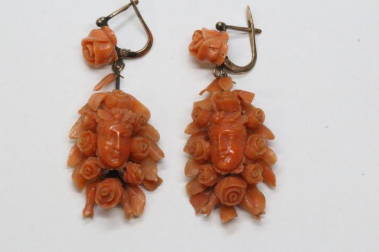 Pair antique 14K Italian carved coral earrings