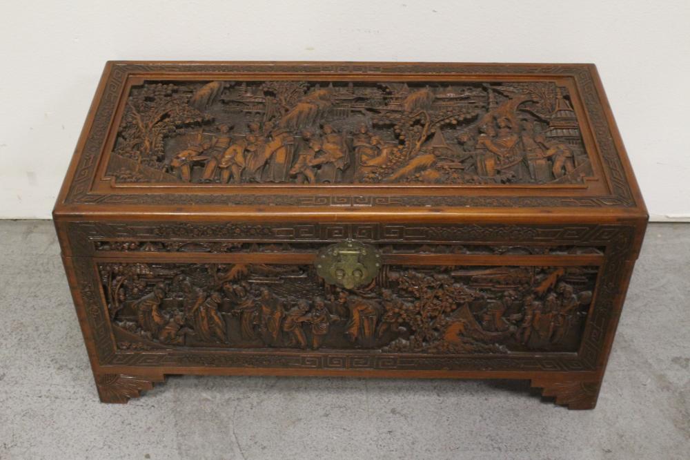 Antique Chinese carved camphor wood trunk