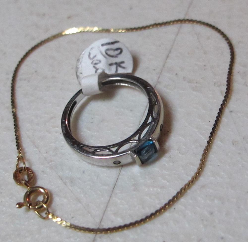WHITE GOLD 10K RING W/TOPAZ + SMALL 14K GOLD CHAIN BRACELET