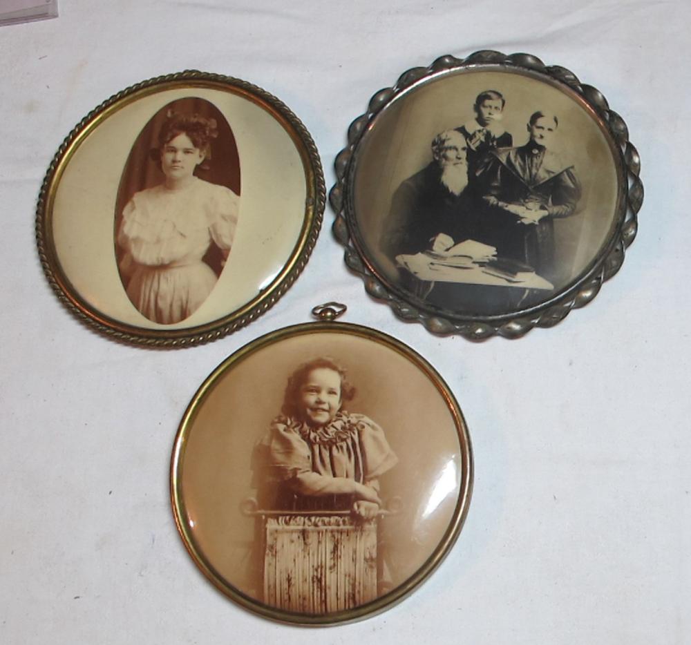 3 VICTORIAN TIN FRAME CELLULOID PHOTO BUTTONS 6.5" IDENTIFIED