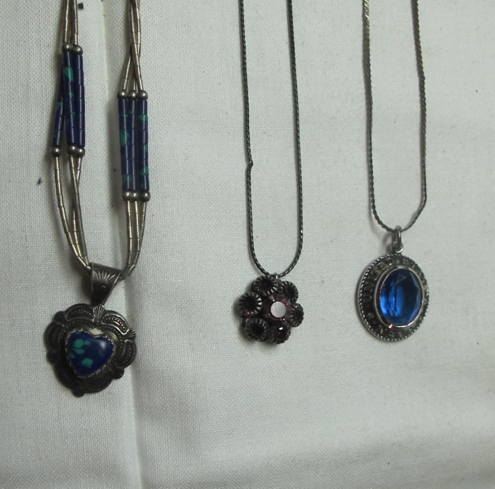 3 STERLING SILVER NECKLACES WITH PENDANTS US NAVY BEADED HEART PURPLE RHINESTONE