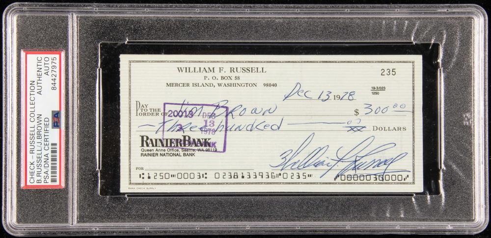 Bill Russell autographed personal check to Jim Brown...