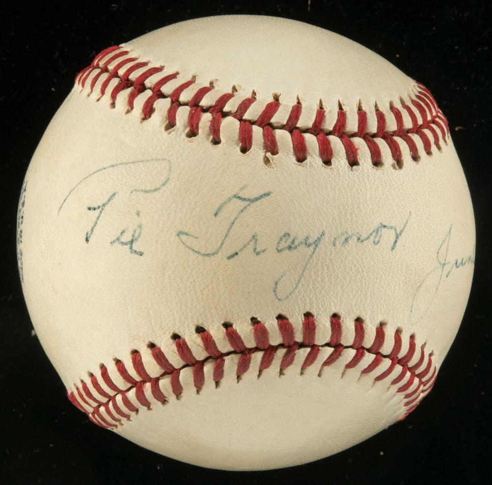 Outstanding 1947 Pie Traynor single signed baseball with original box.