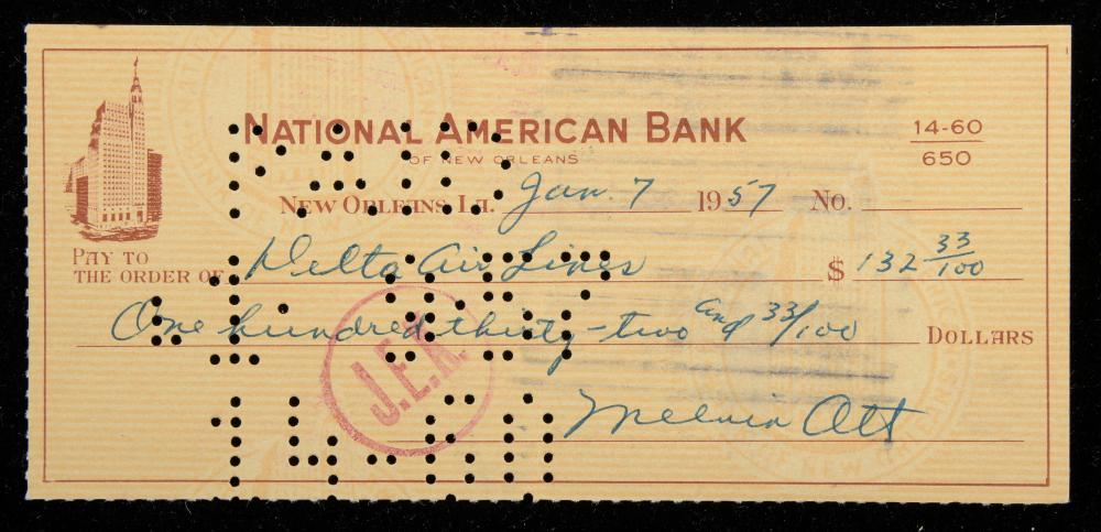 1957 Mel Ott autographed personal check (twice signed).