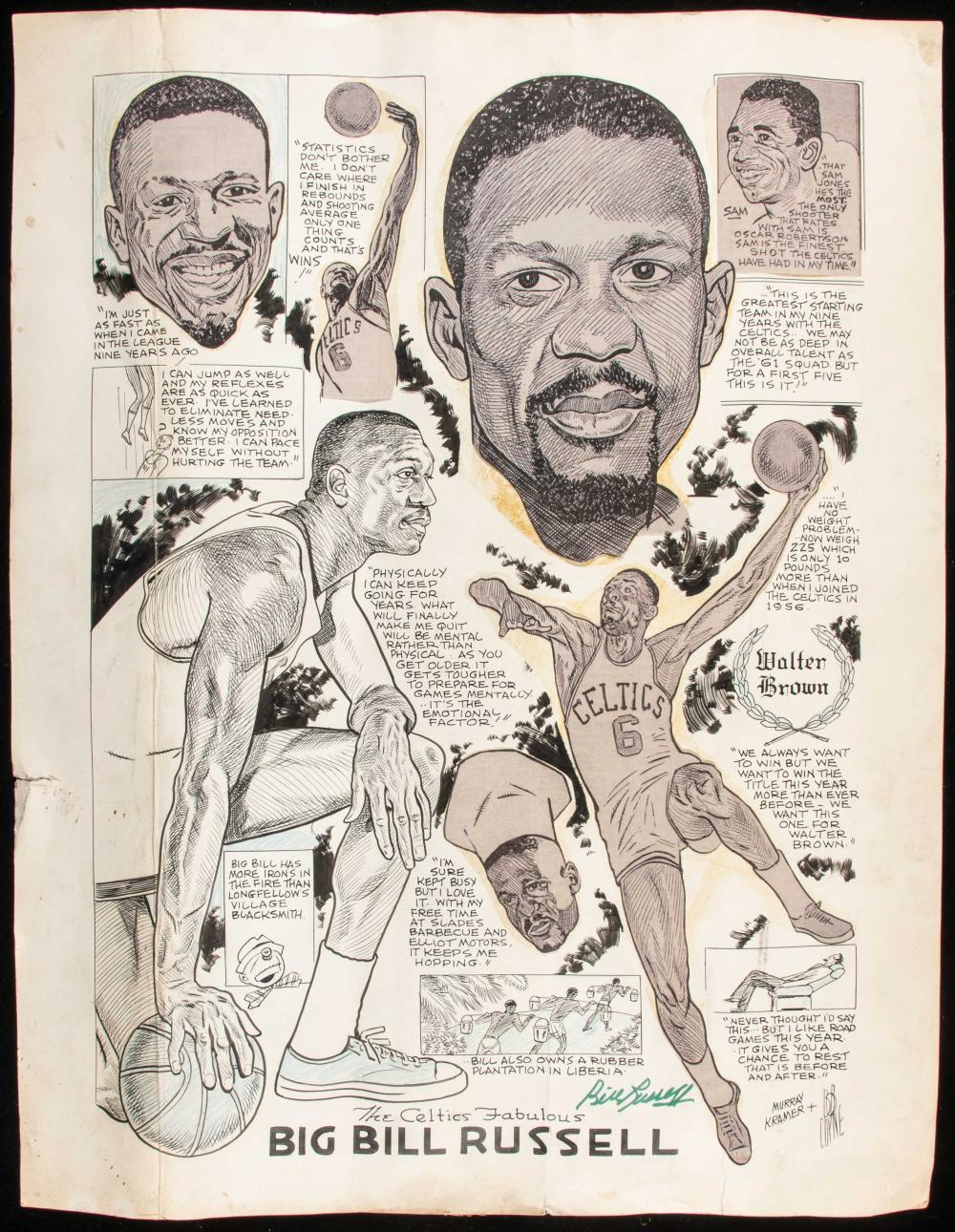 Bill Russell autographed original illustration artwork by...