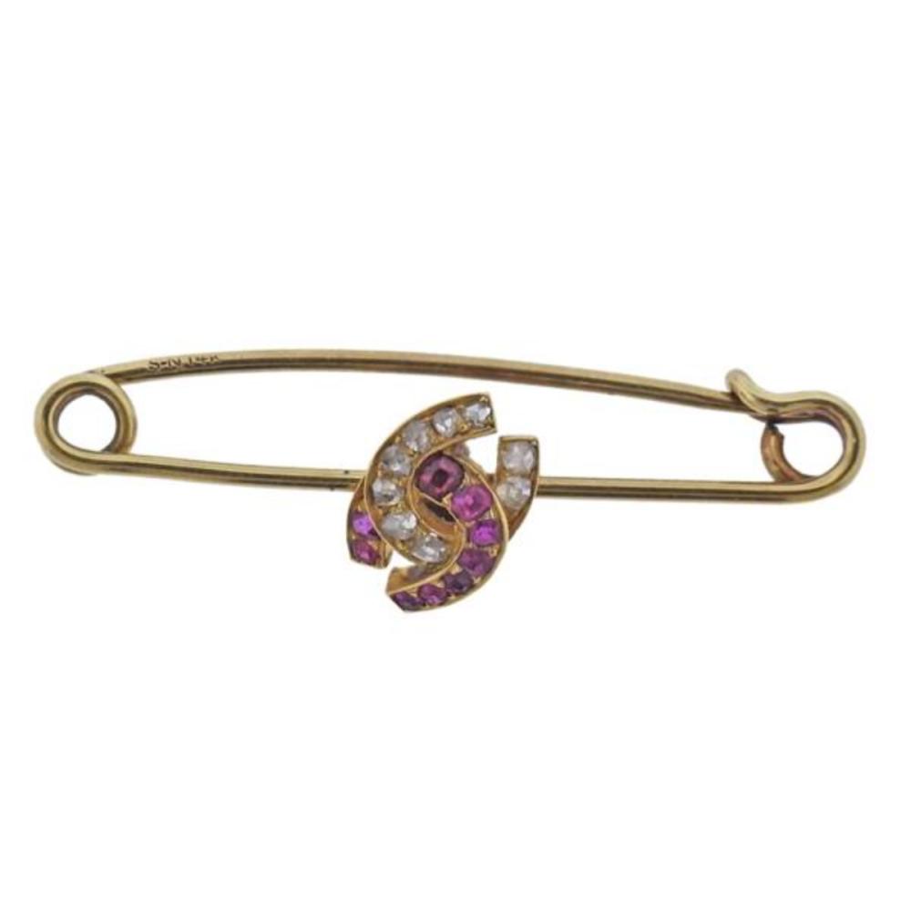 Antique 14k Gold Ruby Diamond Brooch Pi