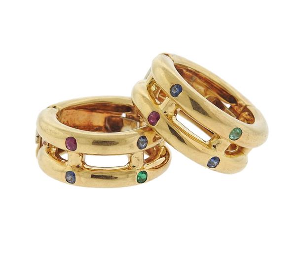 Chaumet 18k Gold Sapphire Ruby Emerald Hoop Earrings