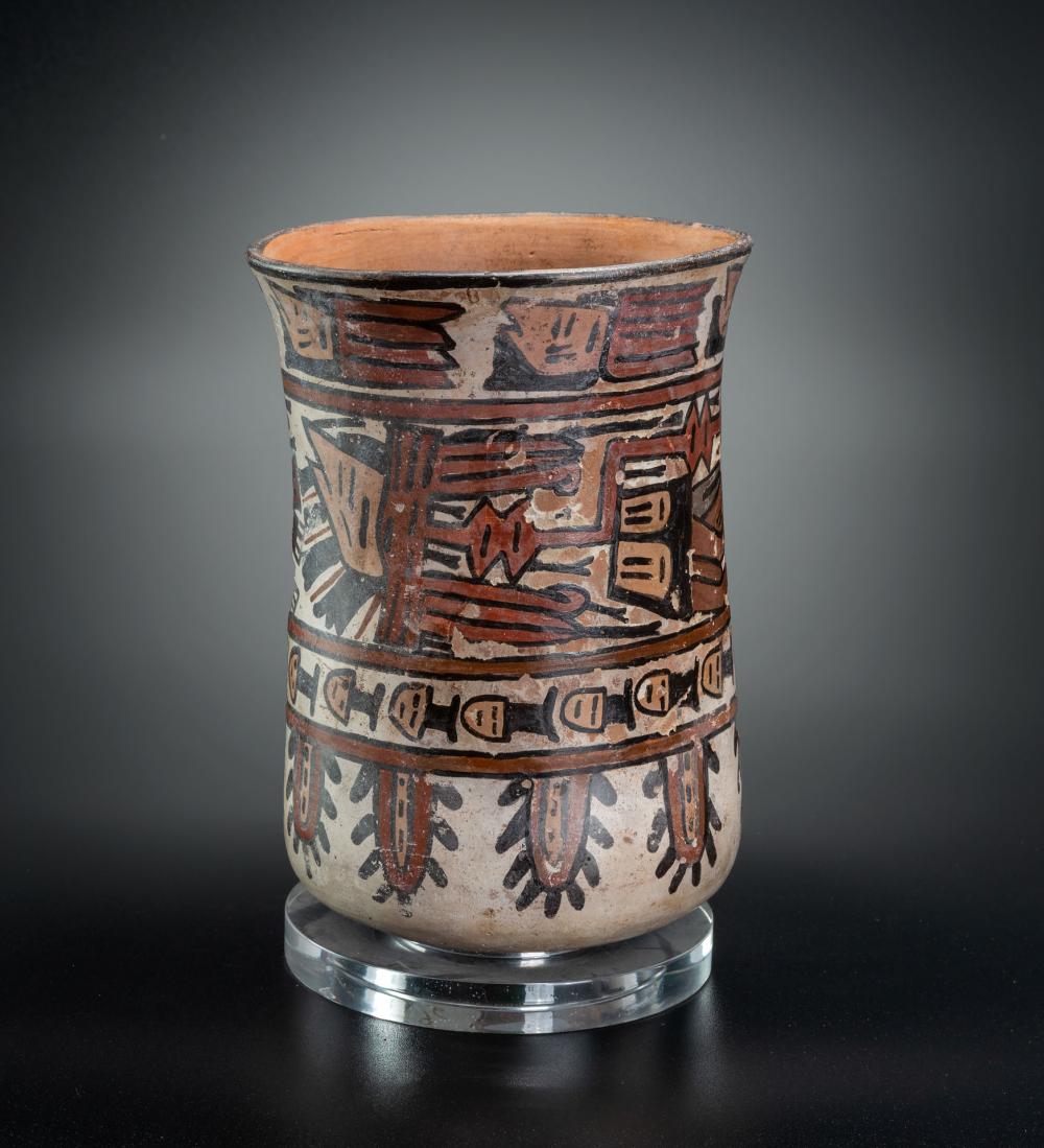 A Beaker Decorated with Painted Trophy Head and Geometric Motifs