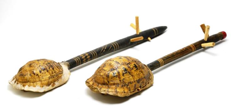 Antique Pair of Native American Primitive Turtle and Skin Wood Instruments