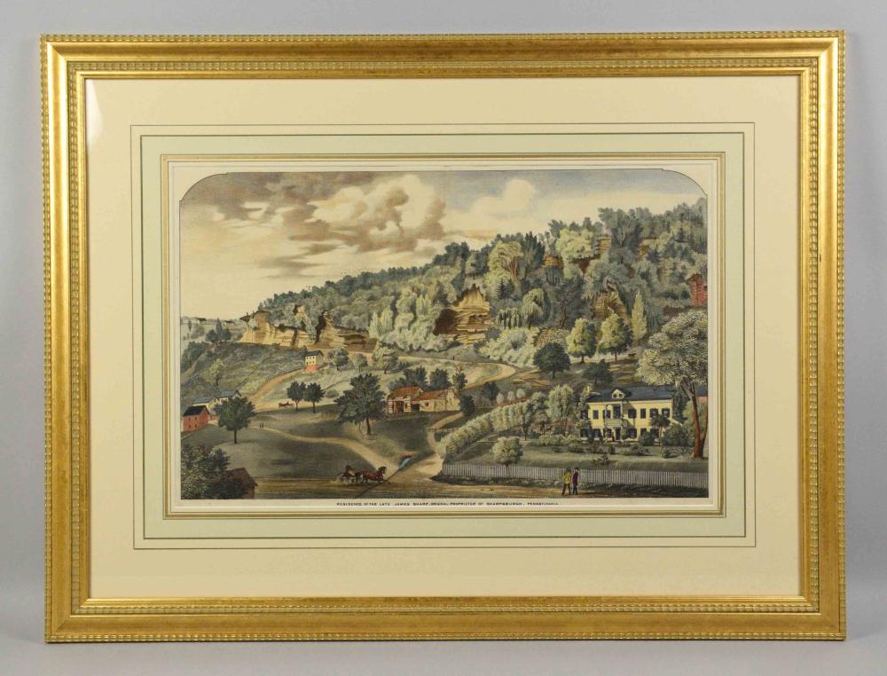 PRINT OF THE RESIDENCE OF THE LATE JAMES SHARP, original proprietor of Sharpsburgh, PA. Image: 12''H x 19''W.