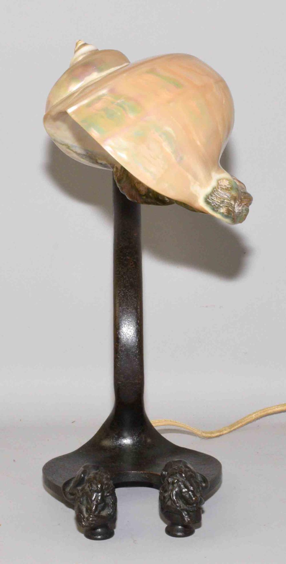 ANTIQUE NAUTILUS SHELL LAMP with bronze base. 14''H x 11.5''W.