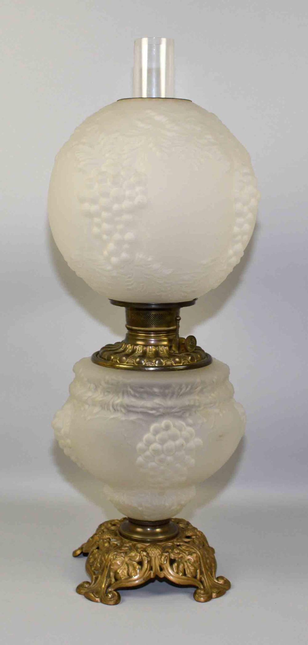 CONSOLIDATED OIL LAMP with satin glass shade and base. Grape motif. 24''H x 10''W.