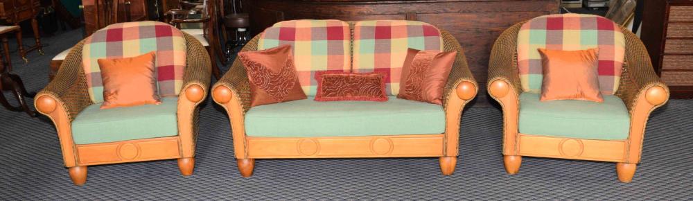 THREE PIECE MODERN WICKER SET with loveseat and two chairs, original cushions. Condition: excellent, cushions with minimum wear. Love Seat: 32''H x 62''W x 40''D. Chairs: 32''H x 40''W x 40''D