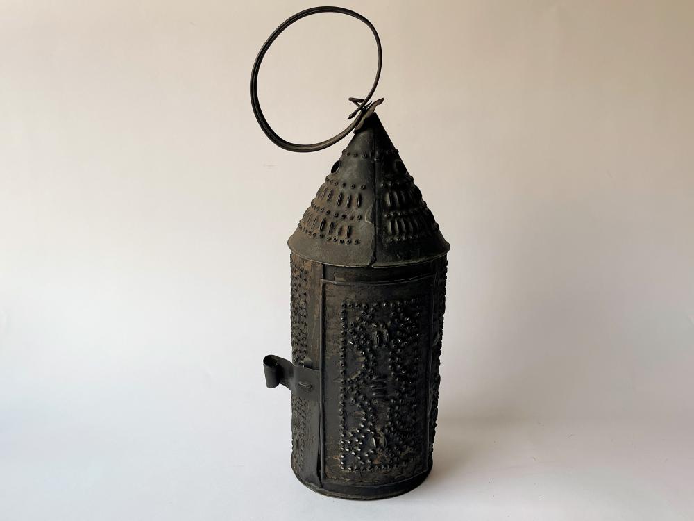 EARLY PRIMITIVE PIERCED TIN LANTER