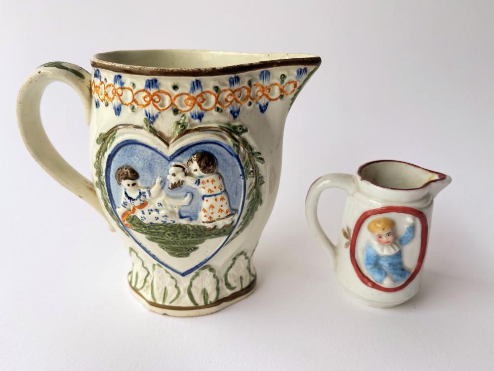 19TH C PRATTWARE PITCHER , DOLL SIZE CREAMER