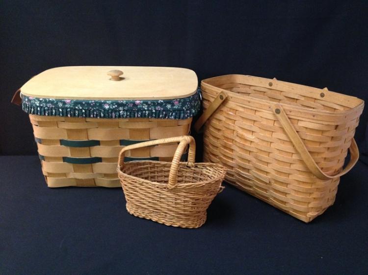(3) Vintage Wicker/Rattan Picnic Basket.