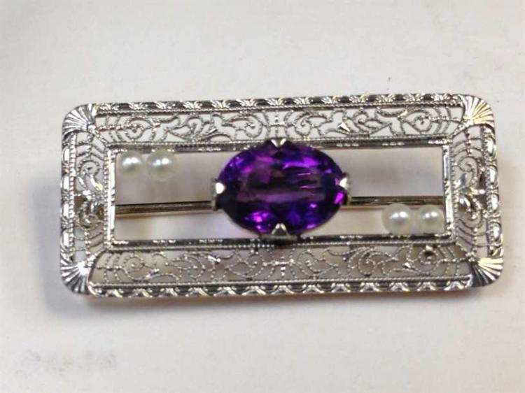 10K Gold Amethyst & Pearl Vintage Pin