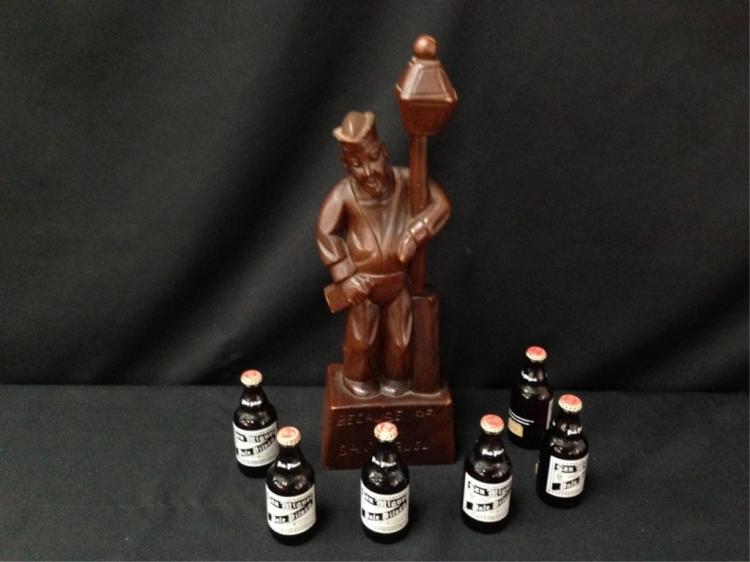 Lot (6) San Miguel Beer Bottles & Wood Statue.