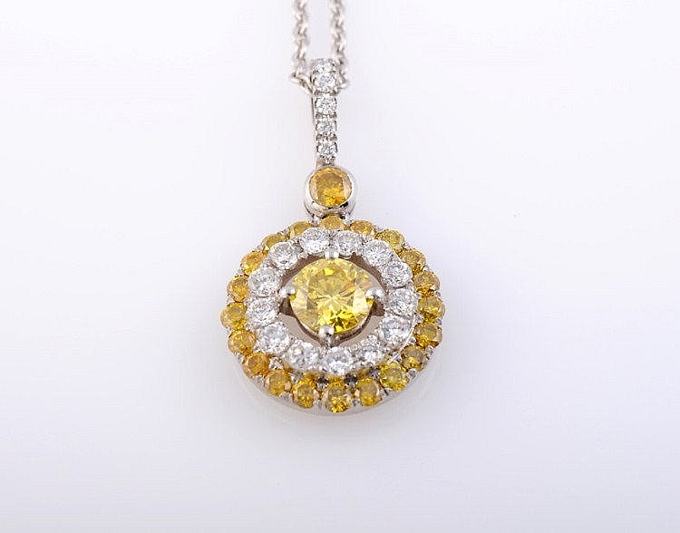 A fancy coloured diamond pendant, the brilliant