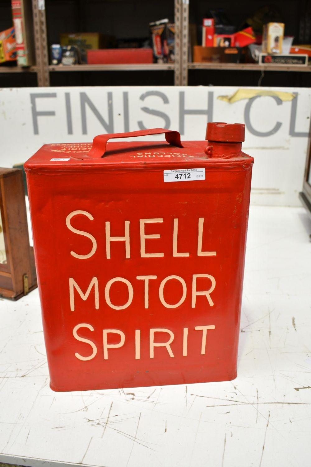 Vintage Shell motor spirit oil can, repainted finish, with screw cap.