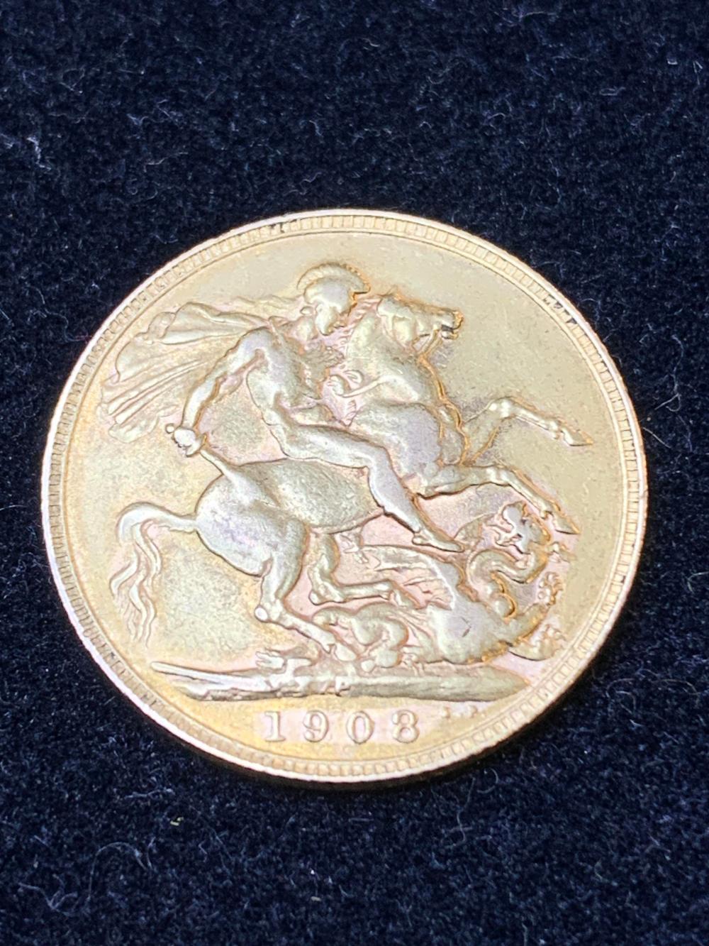 Edward VII 1908 gold full sovereign, Perth mint. Weight 7.96g.