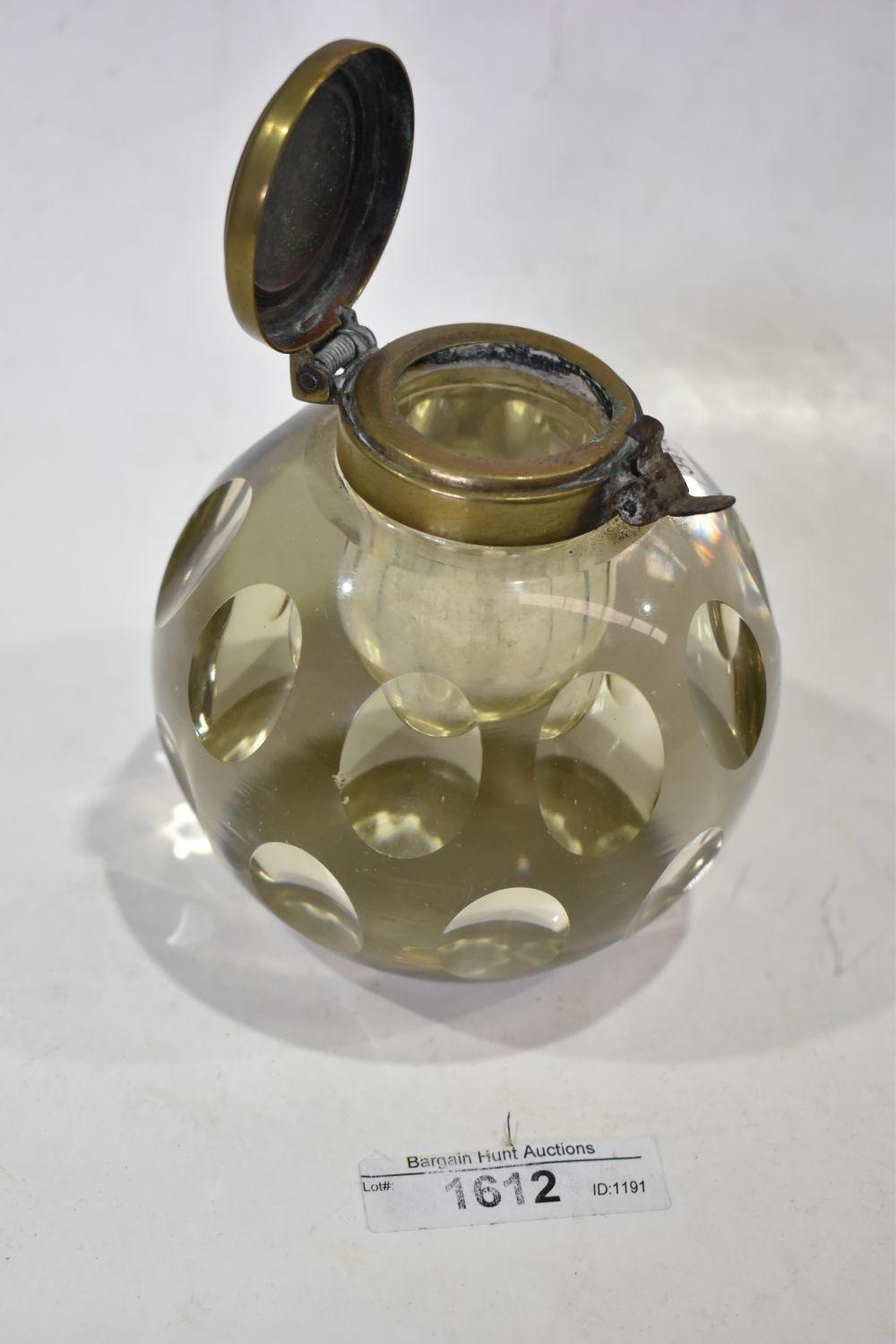 Antique Engraved Glass Inkwell - brass collar and hinged lid.