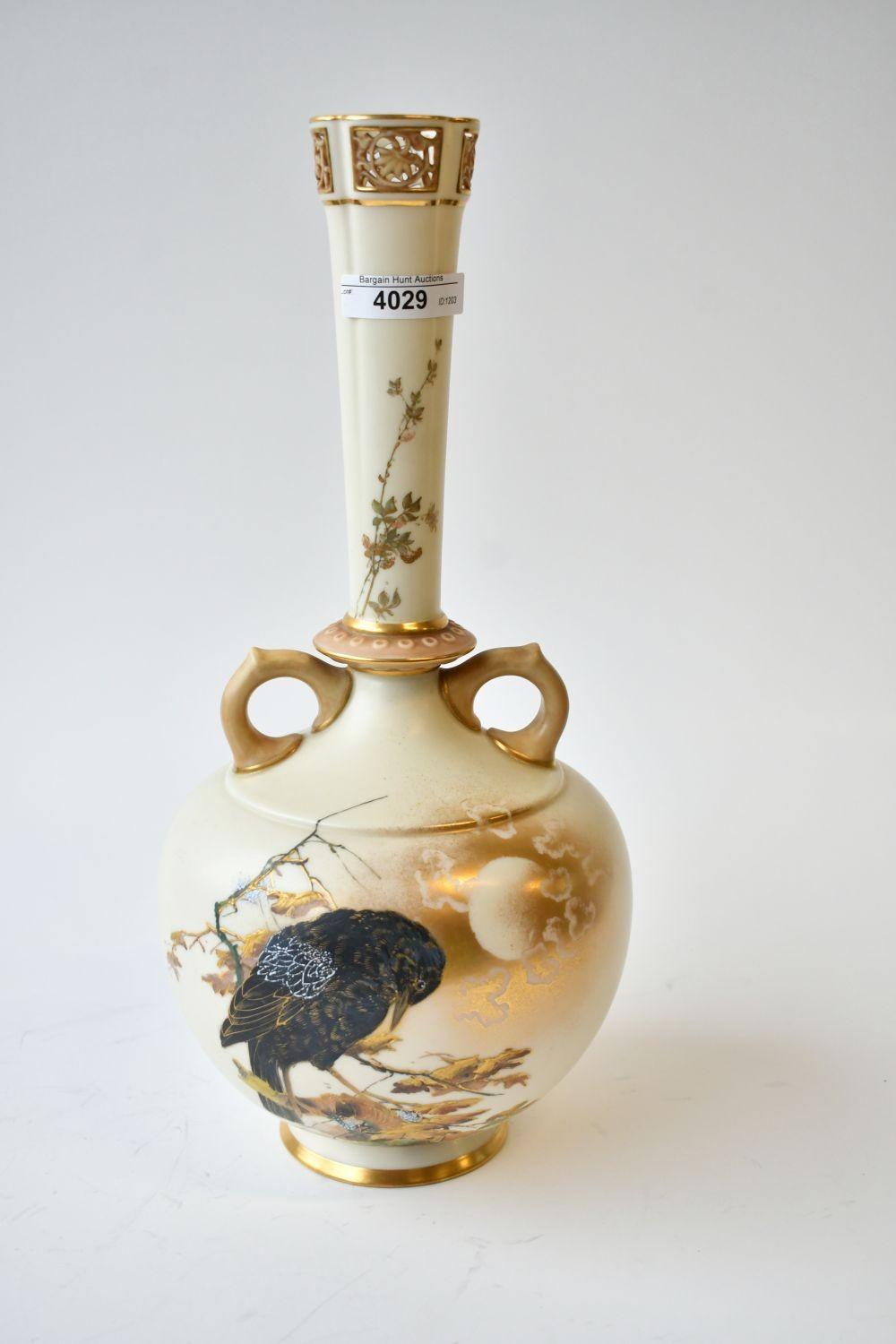 Fine Victoriation Royal Worcester Ivory Porcelain Vase - hand painted Blackbird
