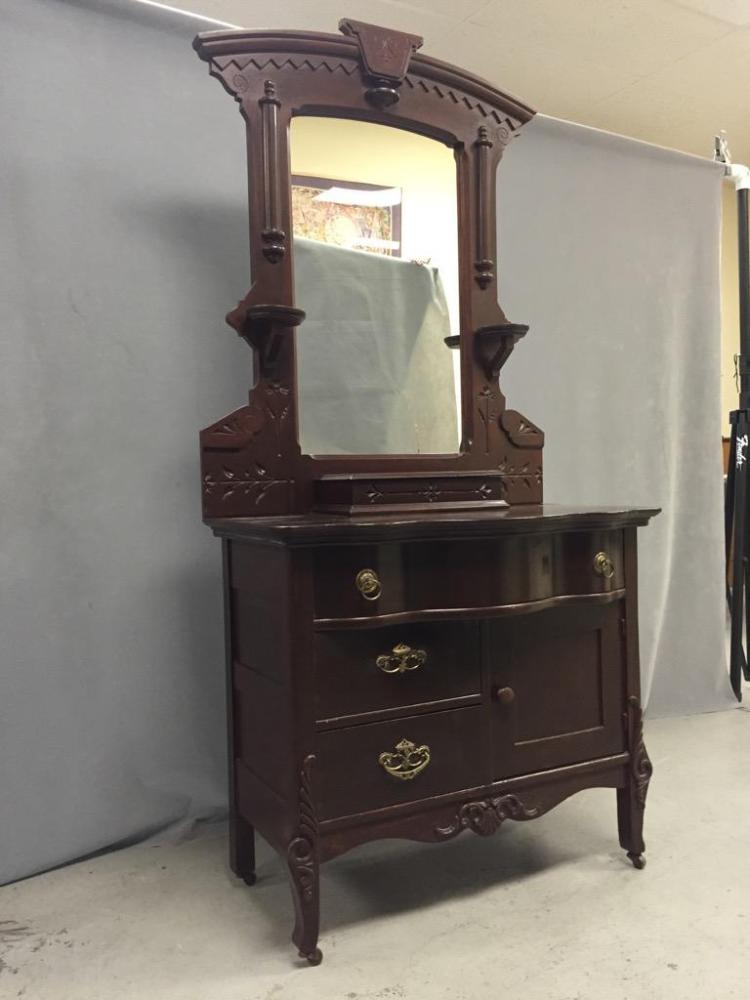 Antique wood vanity dresser with mirror