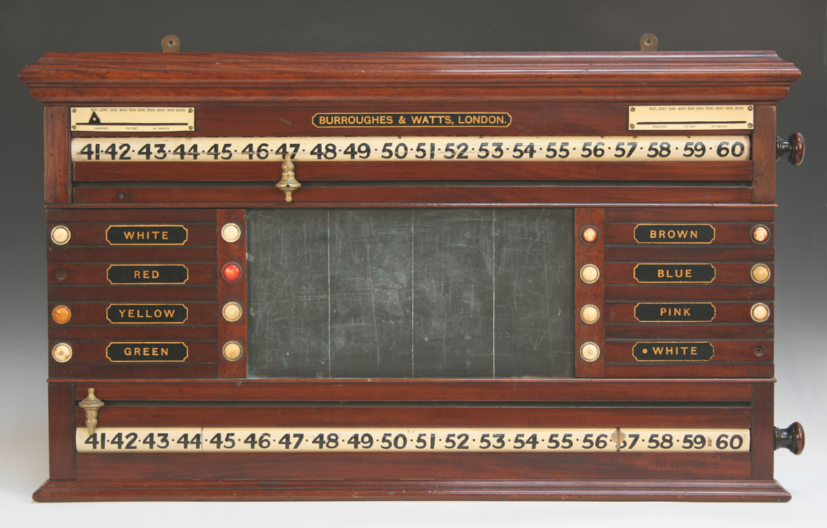A LATE VICTORIAN MAHOGANY SNOOKER SCOREBOARD BY BURROUGHES &AMP; WATTS