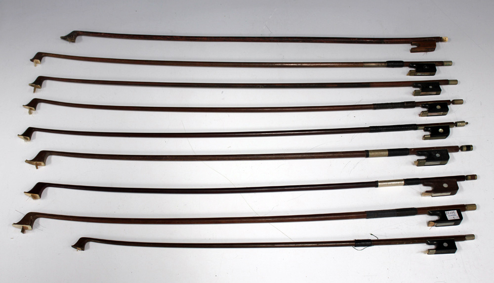 A GROUP OF NINE VARIOUS CELLO AND VIOLIN BOWS