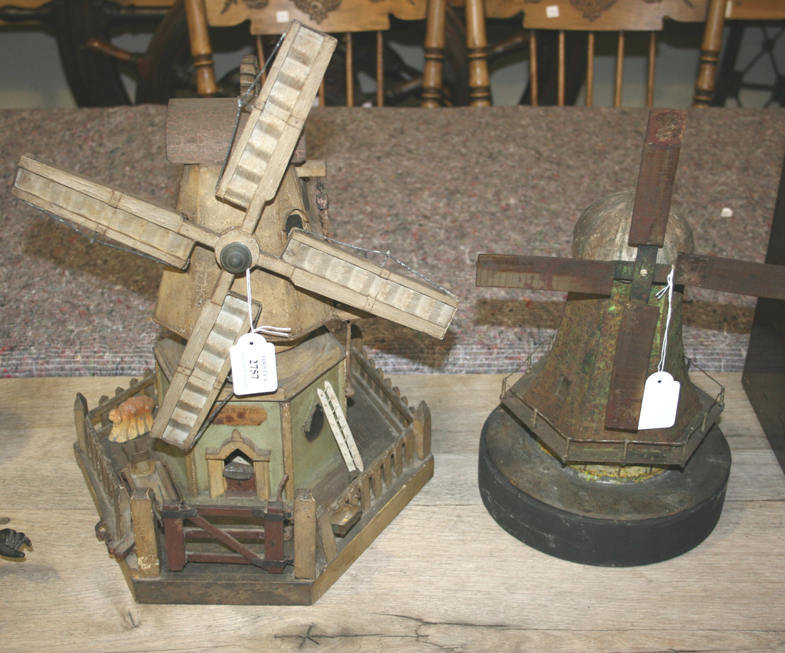 A LATE 19TH CENTURY WOOD AND TINPLATE MODEL OF A WINDMILL