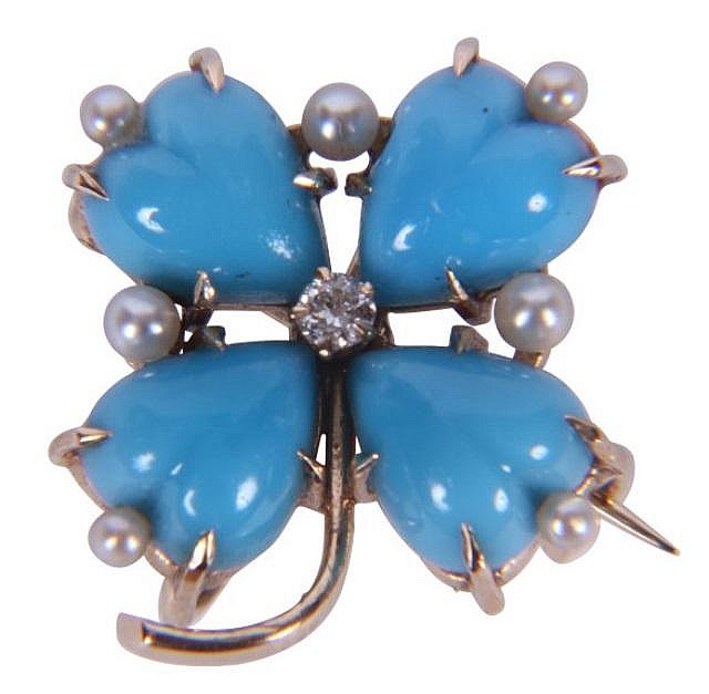 ANTIQUE 14KT TURQUOISE PEARL & DIAMOND CLOVER PIN