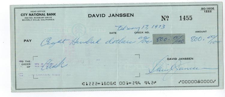 David Janssen Hand Signed Check With Image...''The Fugitive.''