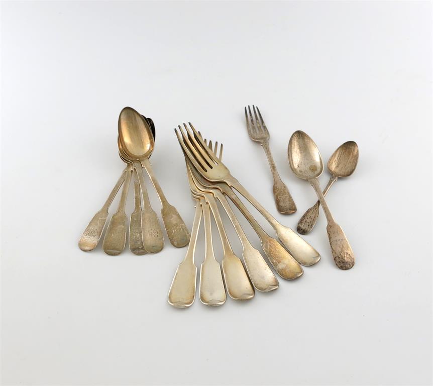 A mixed lot of antique silver Fiddle pattern flatware