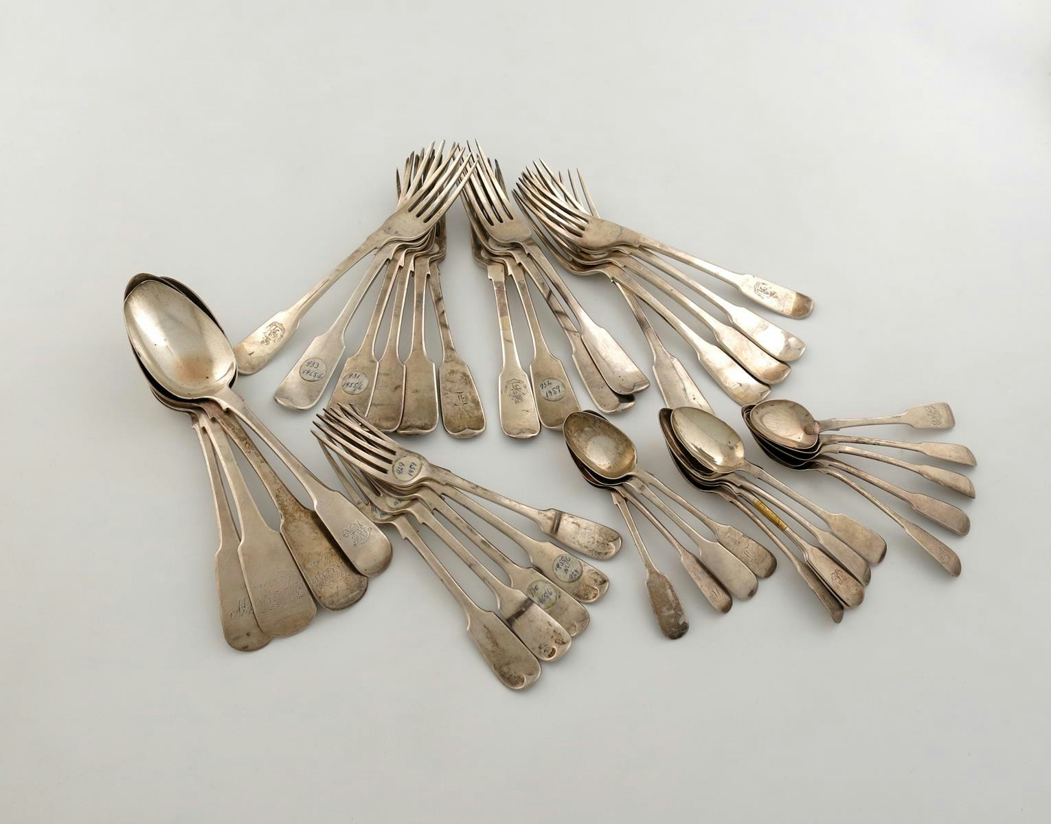 A mixed lot of antique silver Fiddle pattern flatware