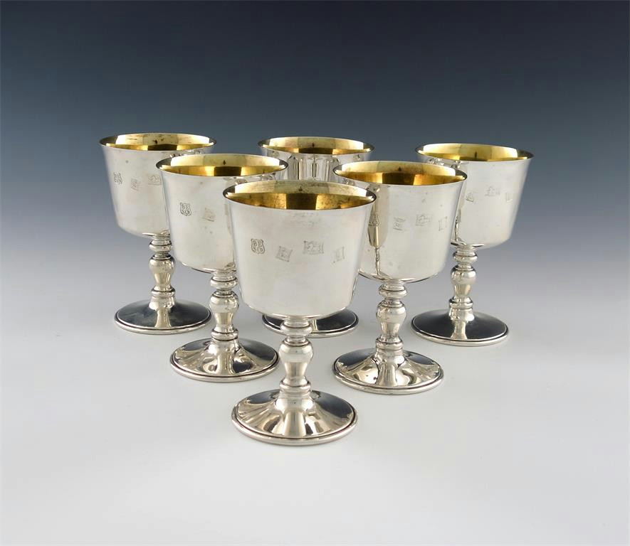 A set of six modern silver goblets