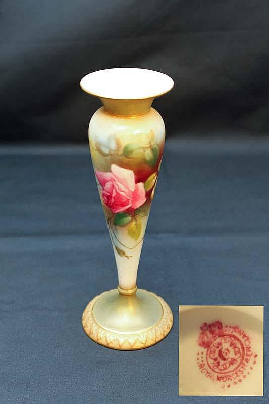 'Royal Worcester Hand Painted Roses on Vase;