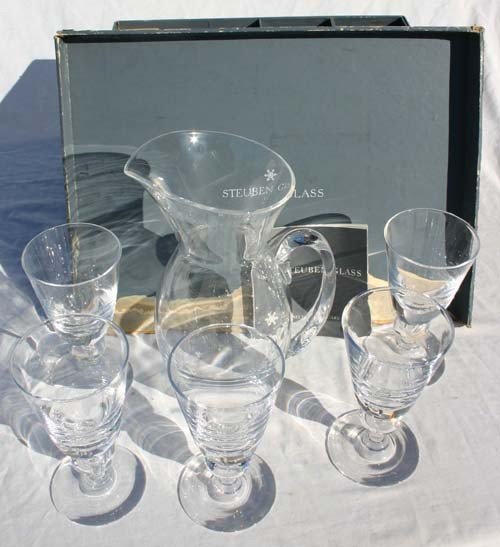 original boxed Steuben Crystal pitcher w 5 goblets