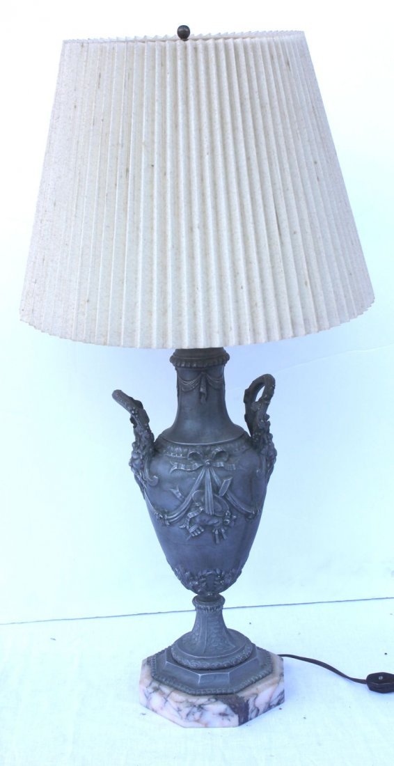 Antique urn form spelter on marble base table lamp