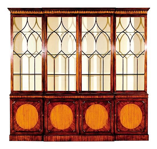 Georgian style inlaid mahogany breakfront bookcase