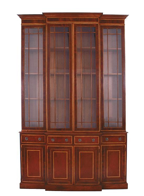 Georgian style inlaid mahogany breakfront bookcase