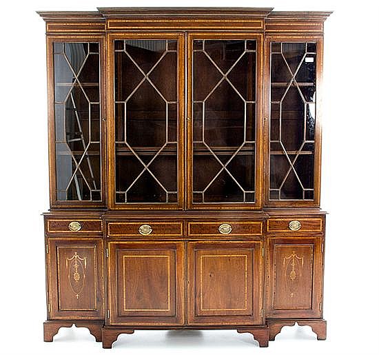 Georgian style inlaid mahogany breakfront bookcase