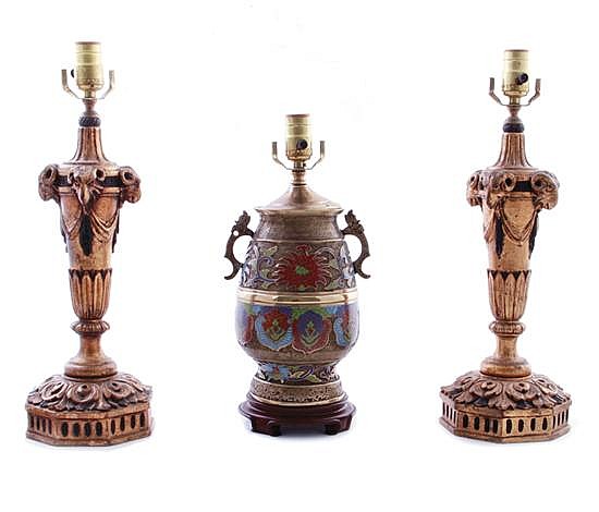 Pair giltwood table lamps and metal lamp (3pcs)
