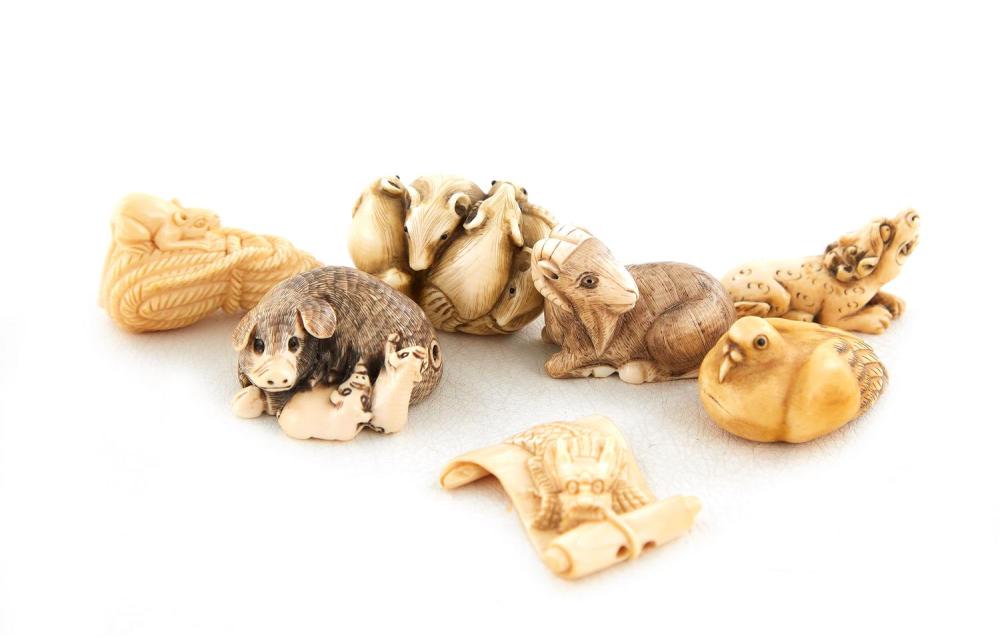 Japanese Carved Ivory Animal Netsuke, Signed (7pcs)